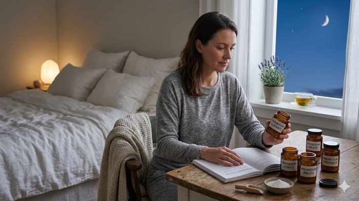 Femeie în dormitor noaptea comparând sticle cu diferite tipuri de magneziu pentru somn odihnitor.