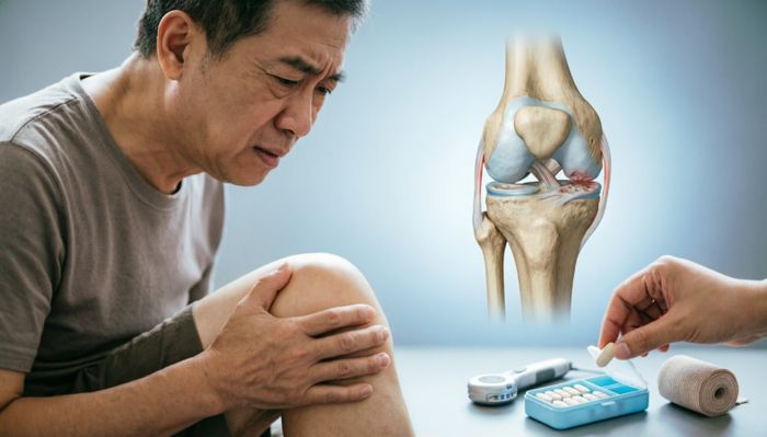 Bărbat cu dureri de genunchi, ilustrație anatomică a articulației și tratament medicamentos.