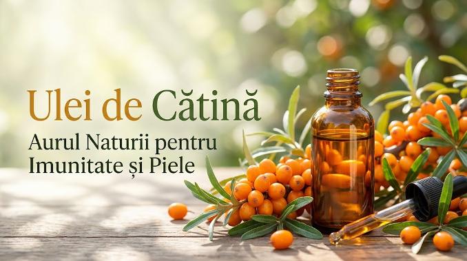Sticluță cu ulei de cătină, pipetă și fructe proaspete pentru imunitate și piele.