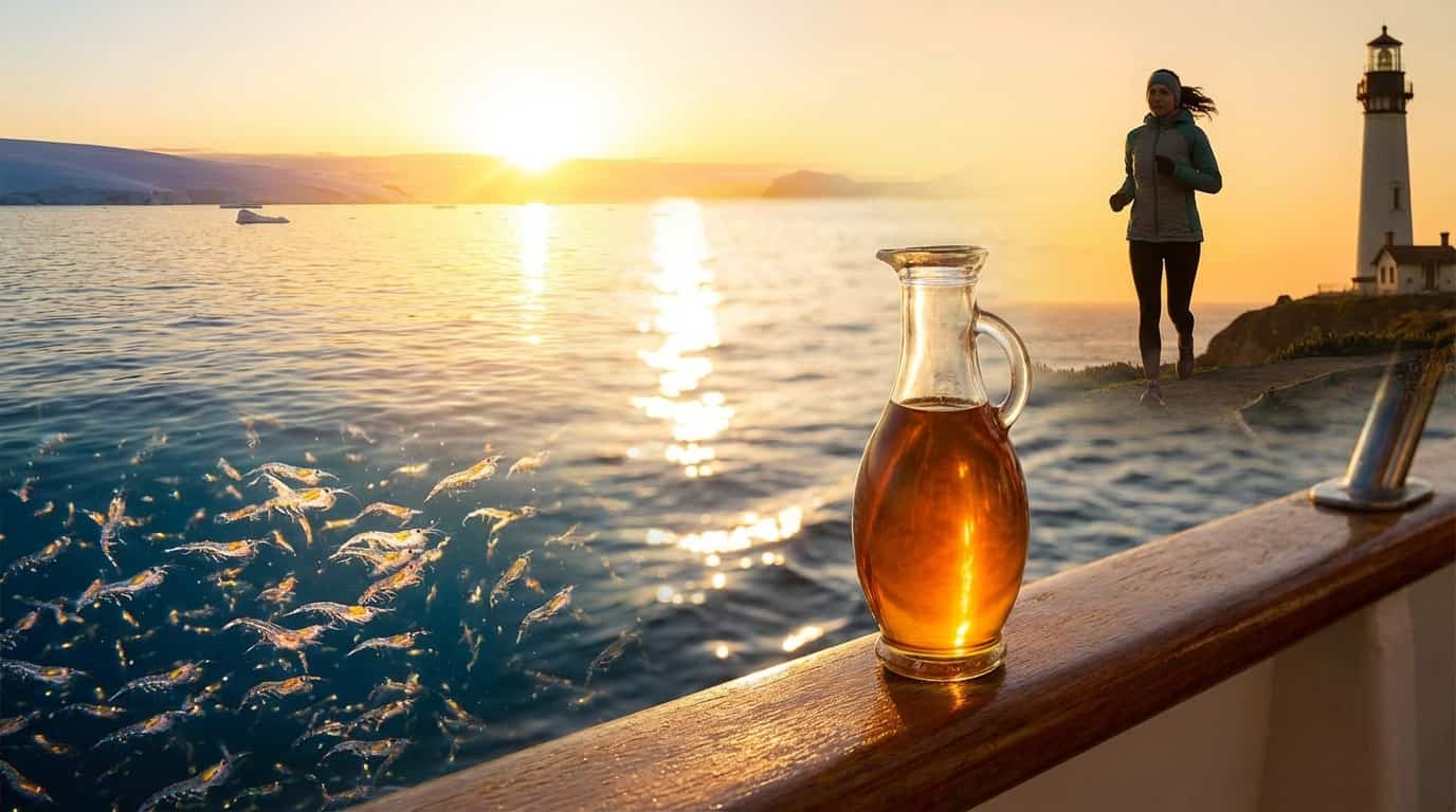 Ulei de krill, crustacee în ocean și o persoană alergând la apus: sursă de Omega-3 pentru sport.