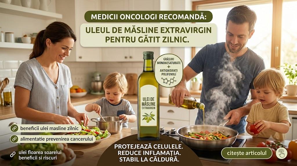 Familie în bucătărie gătind sănătos cu o sticlă de ulei de măsline extravirgin în prim-plan.
