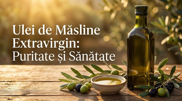 Ulei de măsline extravirgin în sticlă elegantă și bol rustic, pe masă de lemn cu crenguțe de măslin.