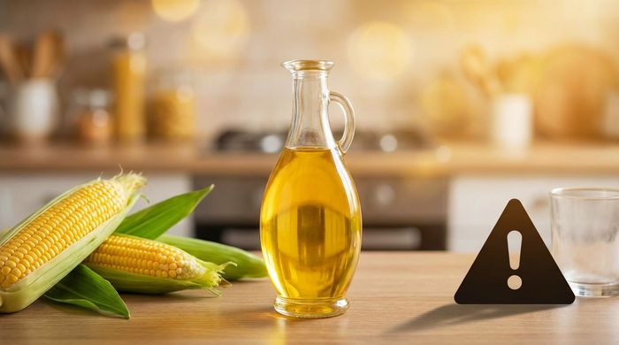 Ulei de porumb și știuleți lângă un semn de avertizare privind efectele adverse.