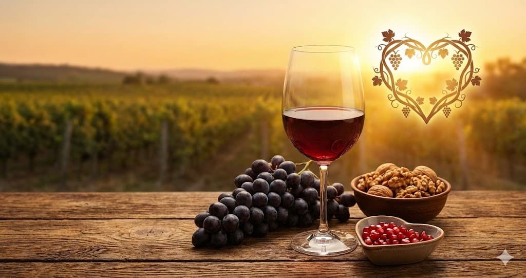 Pahar vin roșu, struguri, nuci și rodie în vie la apus, cu simbol inimă din viță de vie sugerând sănătatea.