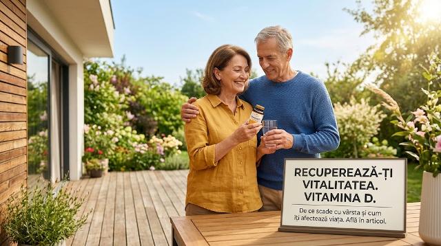 Cuplu de seniori în grădină cu o sticlă de vitamina D, sub razele calde ale soarelui.