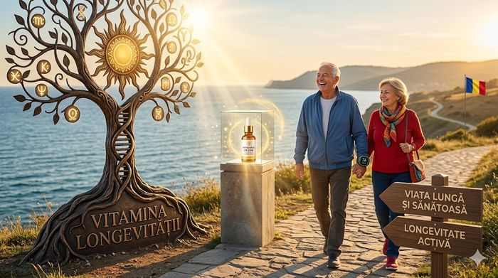 Cuplu pe o potecă de coastă lângă un Arbore al Vieții cu textul VITAMINA LONGEVITĂȚII și o sticlă.