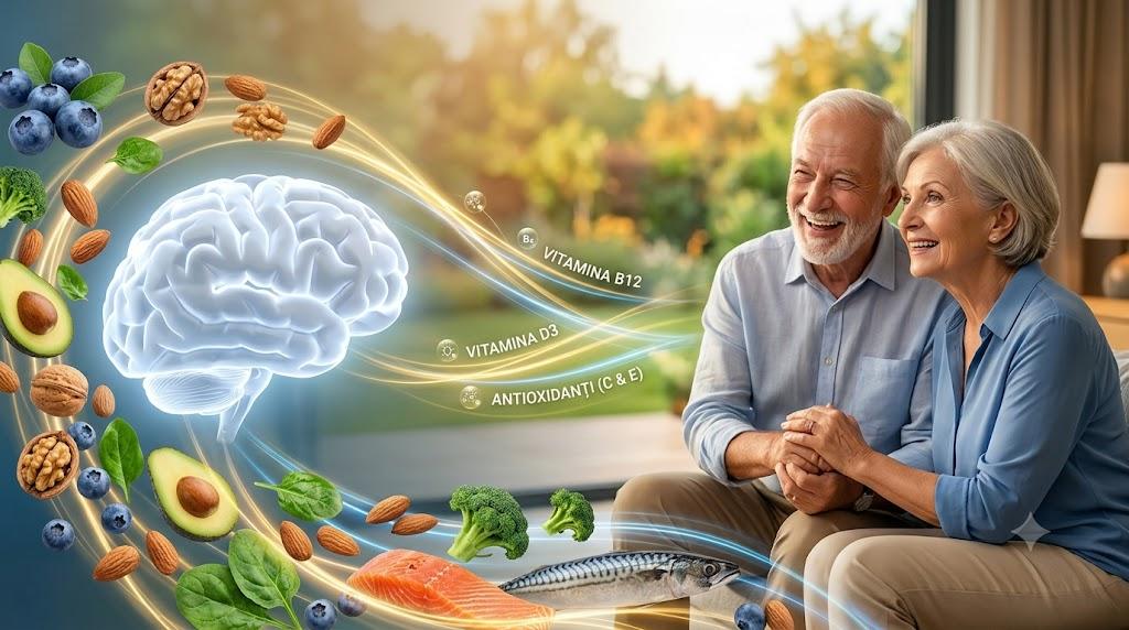 Creier luminos înconjurat de alimente sănătoase și un cuplu de seniori fericiți