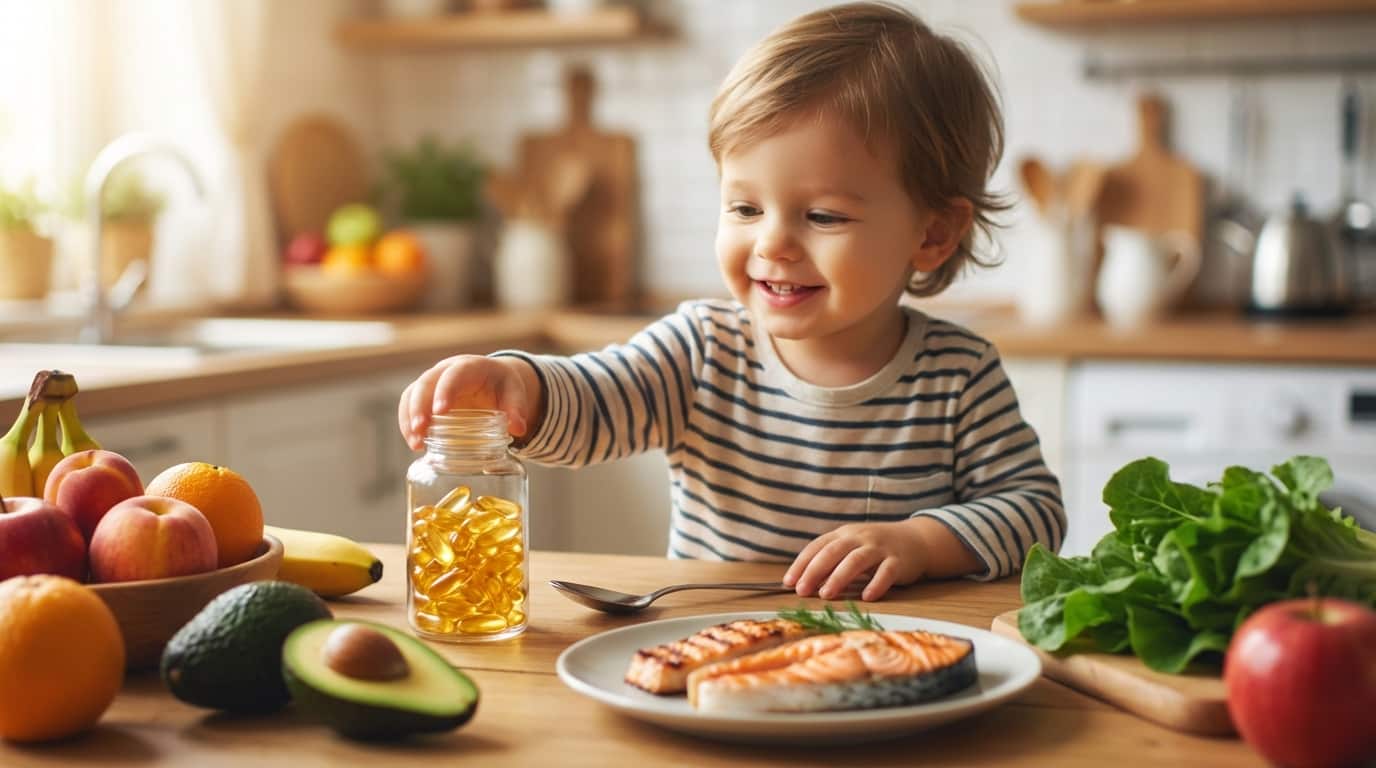 Copil la masă cu suplimente Omega-3, somon și fructe, ilustrând o alimentație sănătoasă pentru cei mici.